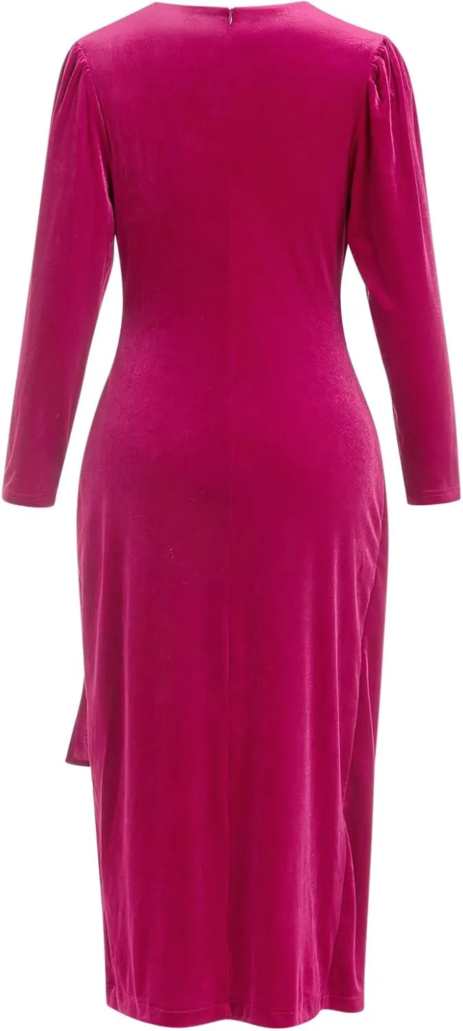IBTOM CASTLE Women Velvet Dress Long Sleeve Ruched Bodycon Christmas Wedding Evening Cocktail Party Gown Fall Winter Clothes