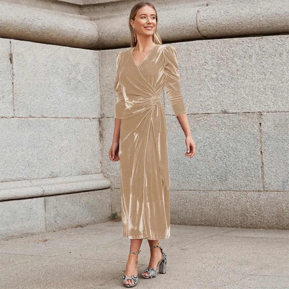 IBTOM CASTLE Women Velvet Dress Long Sleeve Ruched Bodycon Christmas Wedding Evening Cocktail Party Gown Fall Winter Clothes