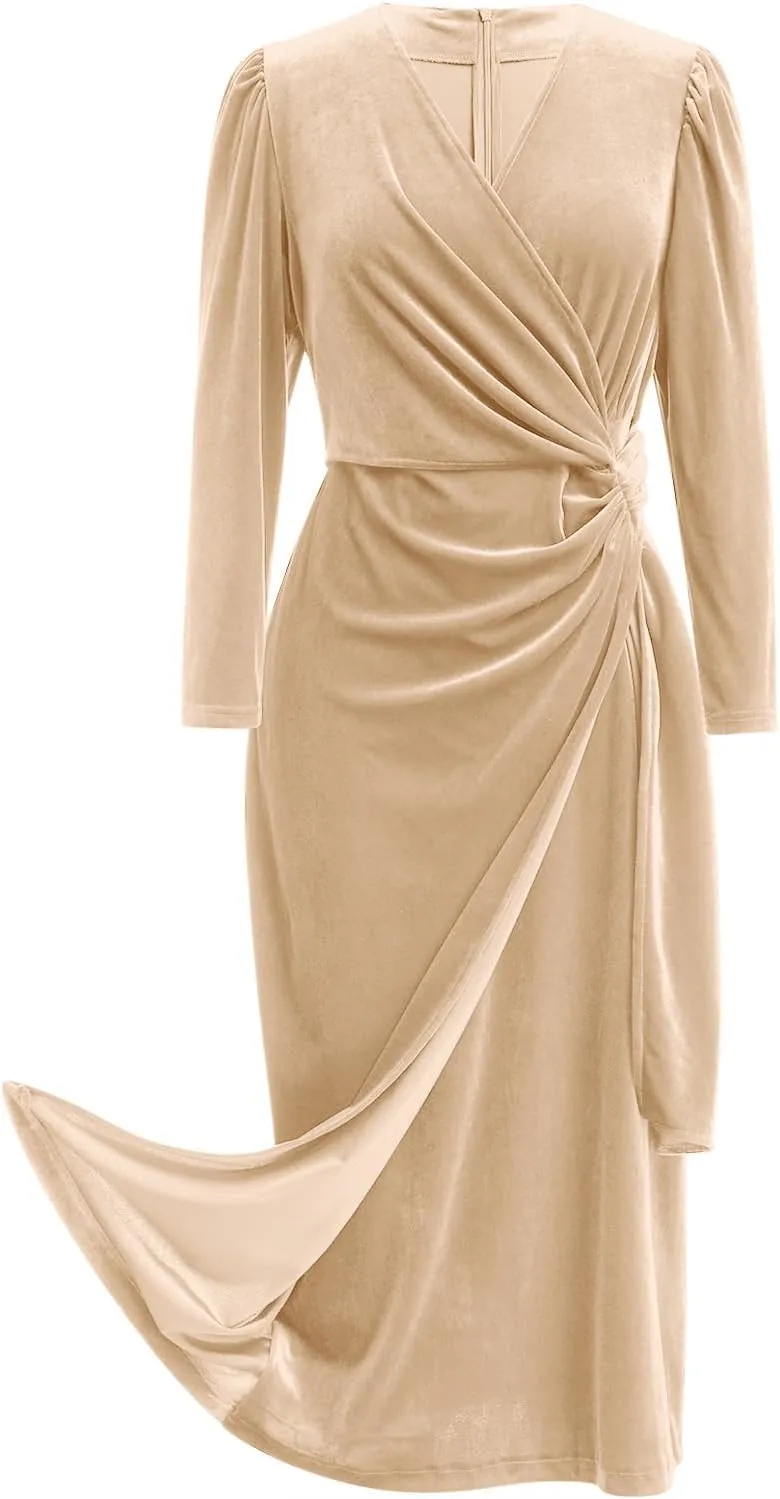 IBTOM CASTLE Women Velvet Dress Long Sleeve Ruched Bodycon Christmas Wedding Evening Cocktail Party Gown Fall Winter Clothes