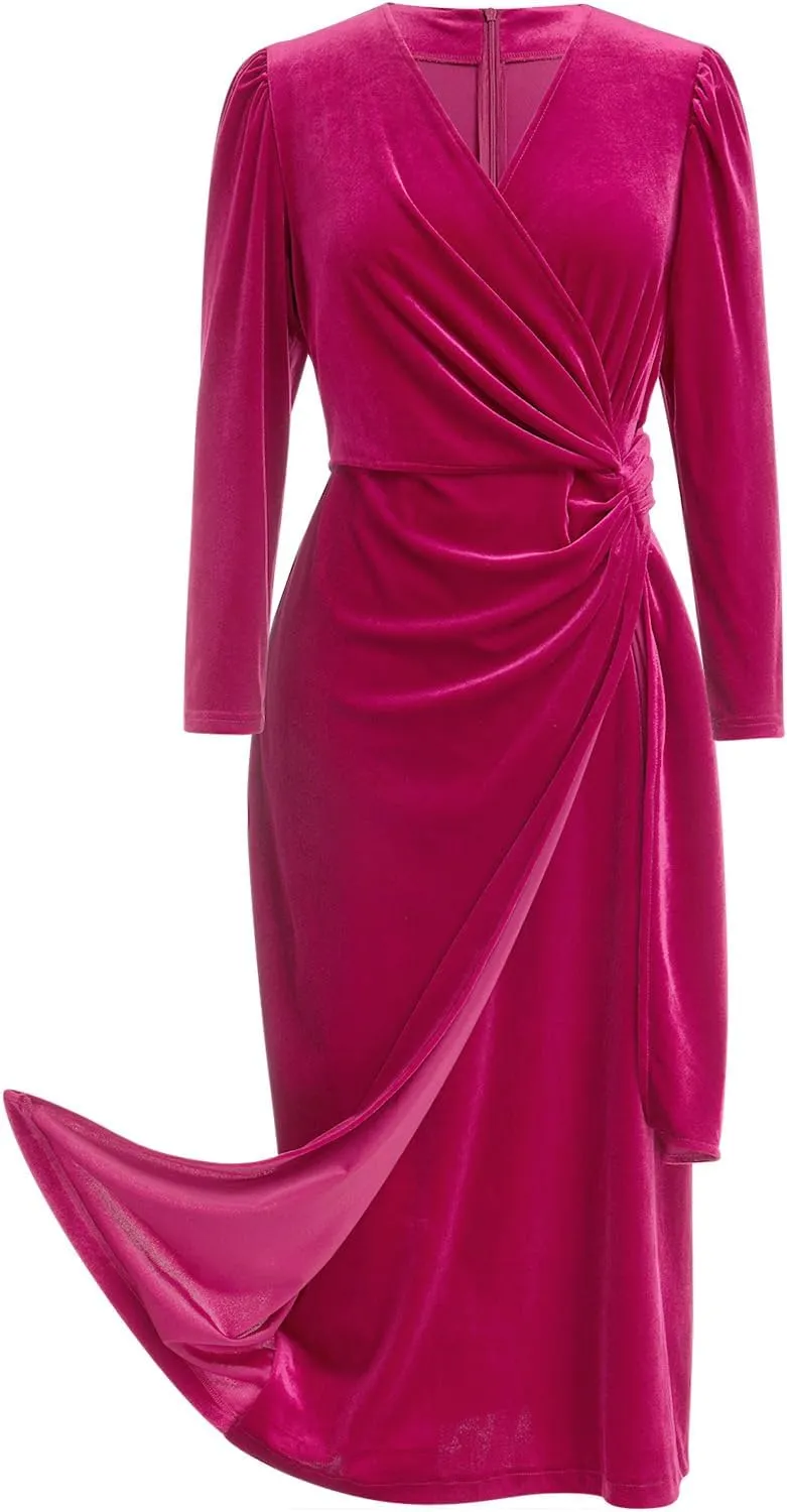 IBTOM CASTLE Women Velvet Dress Long Sleeve Ruched Bodycon Christmas Wedding Evening Cocktail Party Gown Fall Winter Clothes