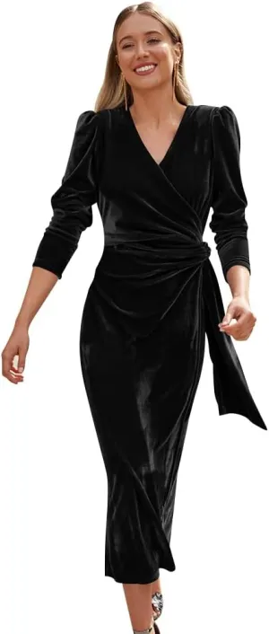 IBTOM CASTLE Women Velvet Dress Long Sleeve Ruched Bodycon Christmas Wedding Evening Cocktail Party Gown Fall Winter Clothes