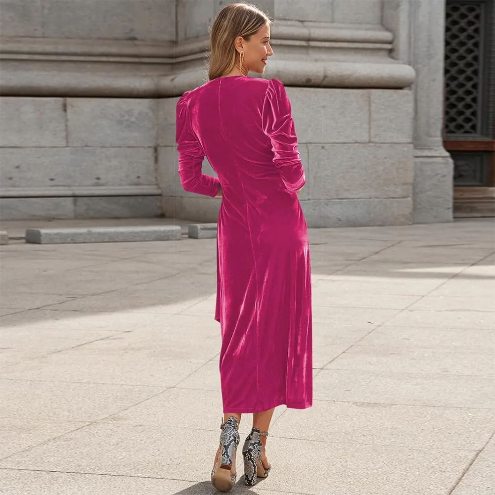 IBTOM CASTLE Women Velvet Dress Long Sleeve Ruched Bodycon Christmas Wedding Evening Cocktail Party Gown Fall Winter Clothes