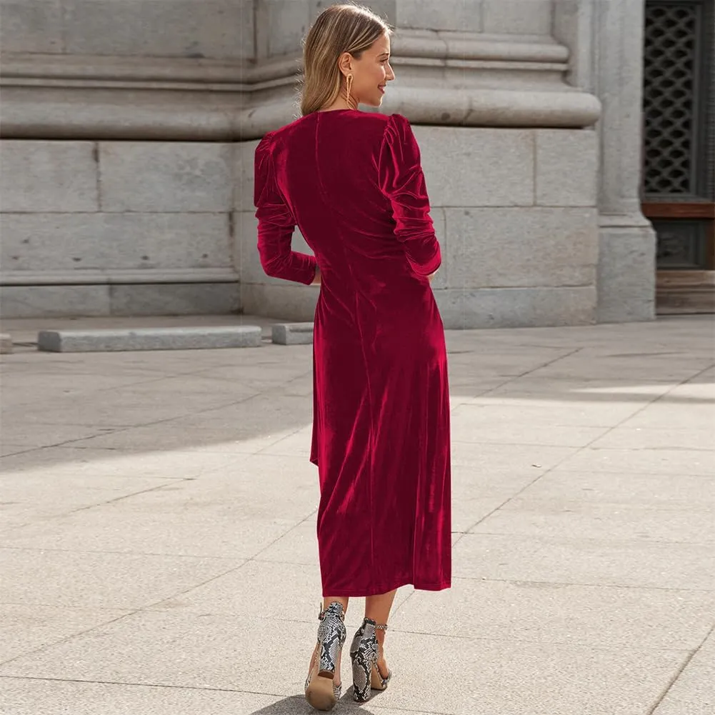IBTOM CASTLE Women Velvet Dress Long Sleeve Ruched Bodycon Christmas Wedding Evening Cocktail Party Gown Fall Winter Clothes