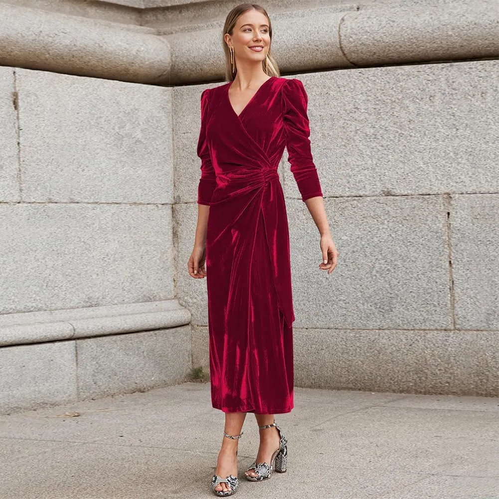 IBTOM CASTLE Women Velvet Dress Long Sleeve Ruched Bodycon Christmas Wedding Evening Cocktail Party Gown Fall Winter Clothes
