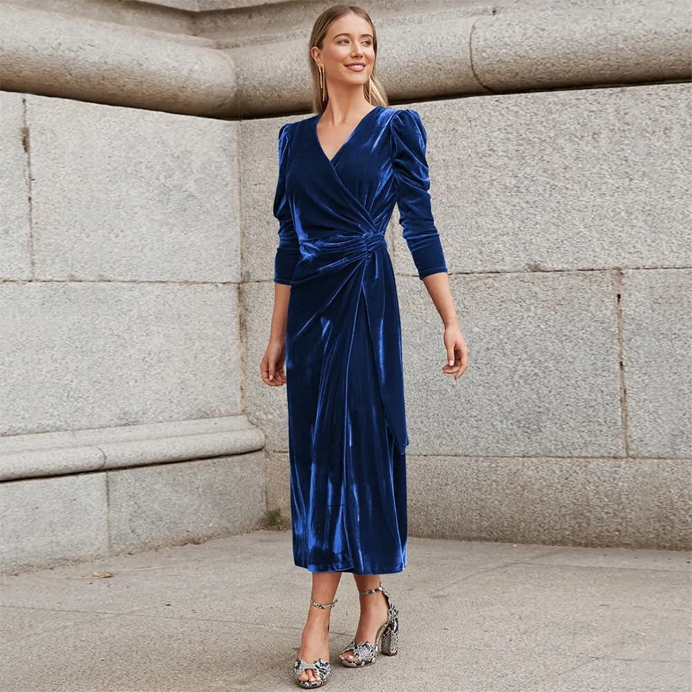 IBTOM CASTLE Women Velvet Dress Long Sleeve Ruched Bodycon Christmas Wedding Evening Cocktail Party Gown Fall Winter Clothes