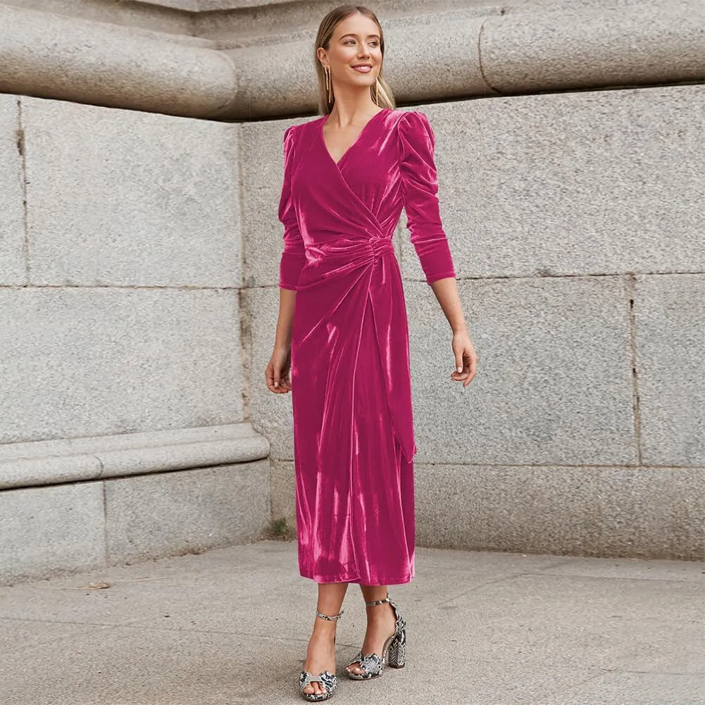 IBTOM CASTLE Women Velvet Dress Long Sleeve Ruched Bodycon Christmas Wedding Evening Cocktail Party Gown Fall Winter Clothes