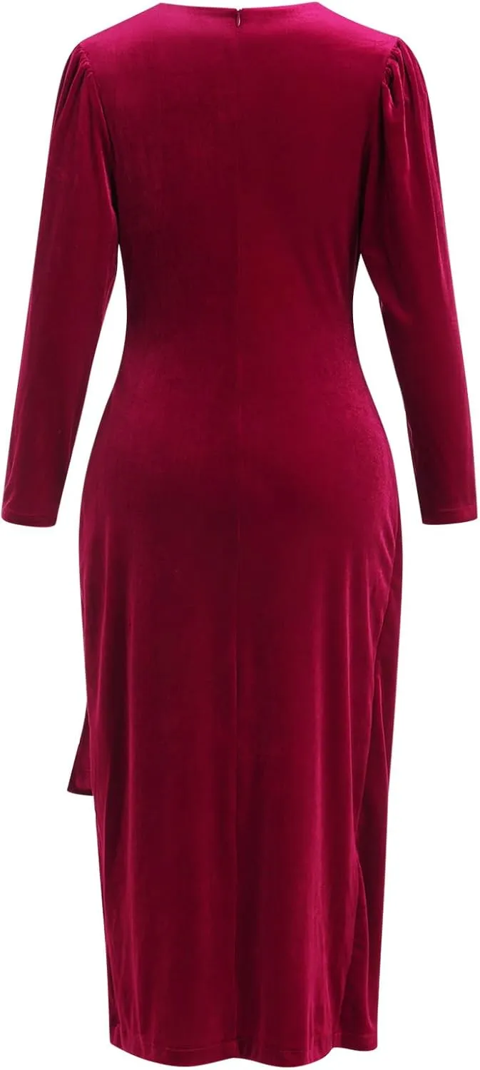 IBTOM CASTLE Women Velvet Dress Long Sleeve Ruched Bodycon Christmas Wedding Evening Cocktail Party Gown Fall Winter Clothes