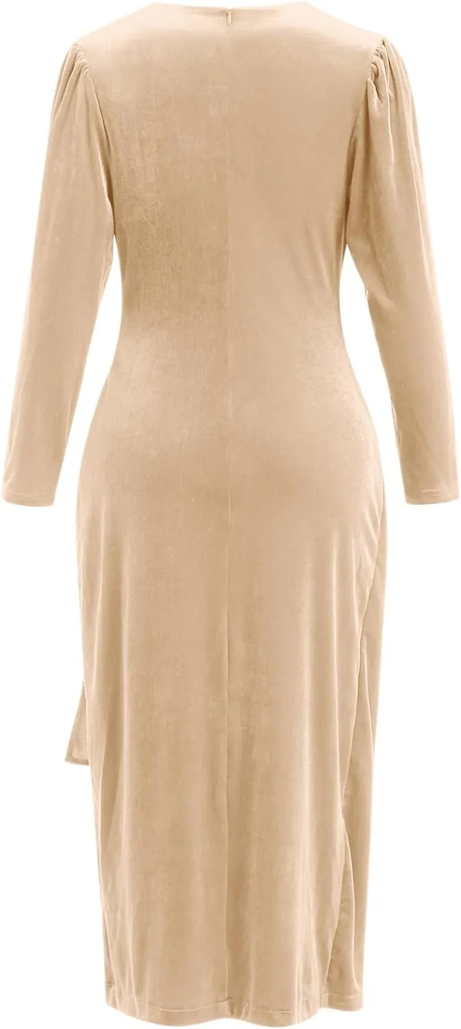 IBTOM CASTLE Women Velvet Dress Long Sleeve Ruched Bodycon Christmas Wedding Evening Cocktail Party Gown Fall Winter Clothes