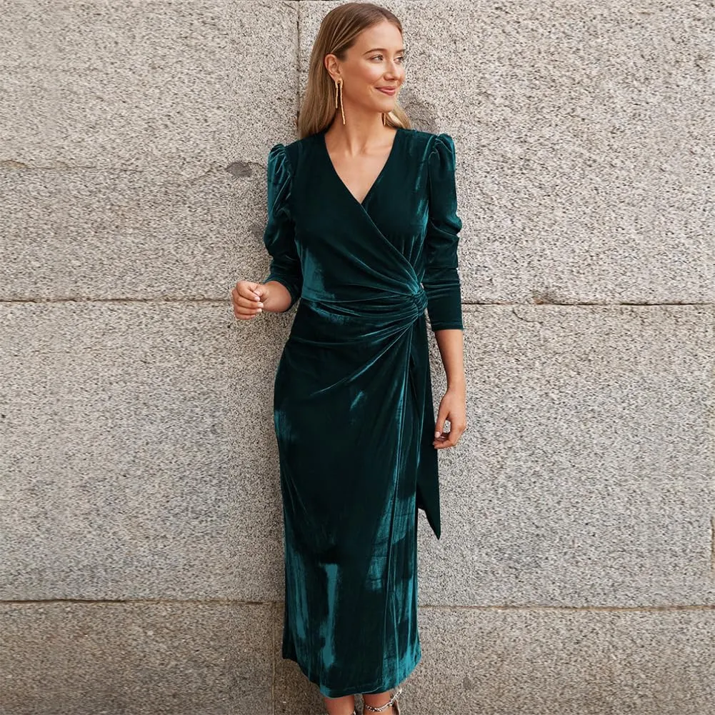 IBTOM CASTLE Women Velvet Dress Long Sleeve Ruched Bodycon Christmas Wedding Evening Cocktail Party Gown Fall Winter Clothes