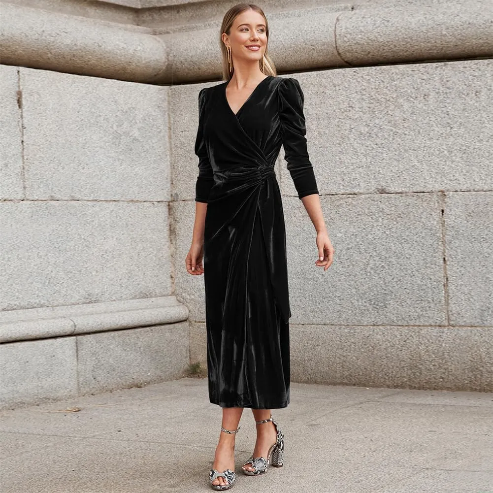 IBTOM CASTLE Women Velvet Dress Long Sleeve Ruched Bodycon Christmas Wedding Evening Cocktail Party Gown Fall Winter Clothes