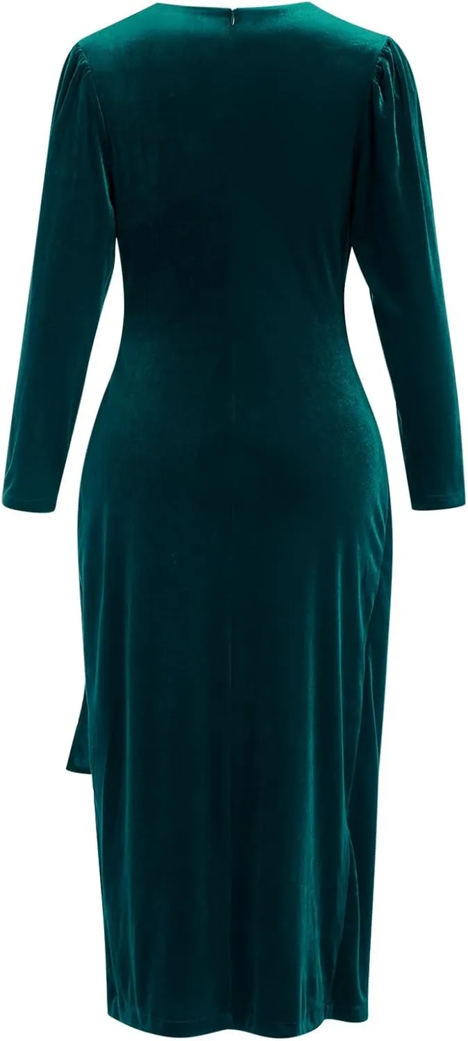 IBTOM CASTLE Women Velvet Dress Long Sleeve Ruched Bodycon Christmas Wedding Evening Cocktail Party Gown Fall Winter Clothes