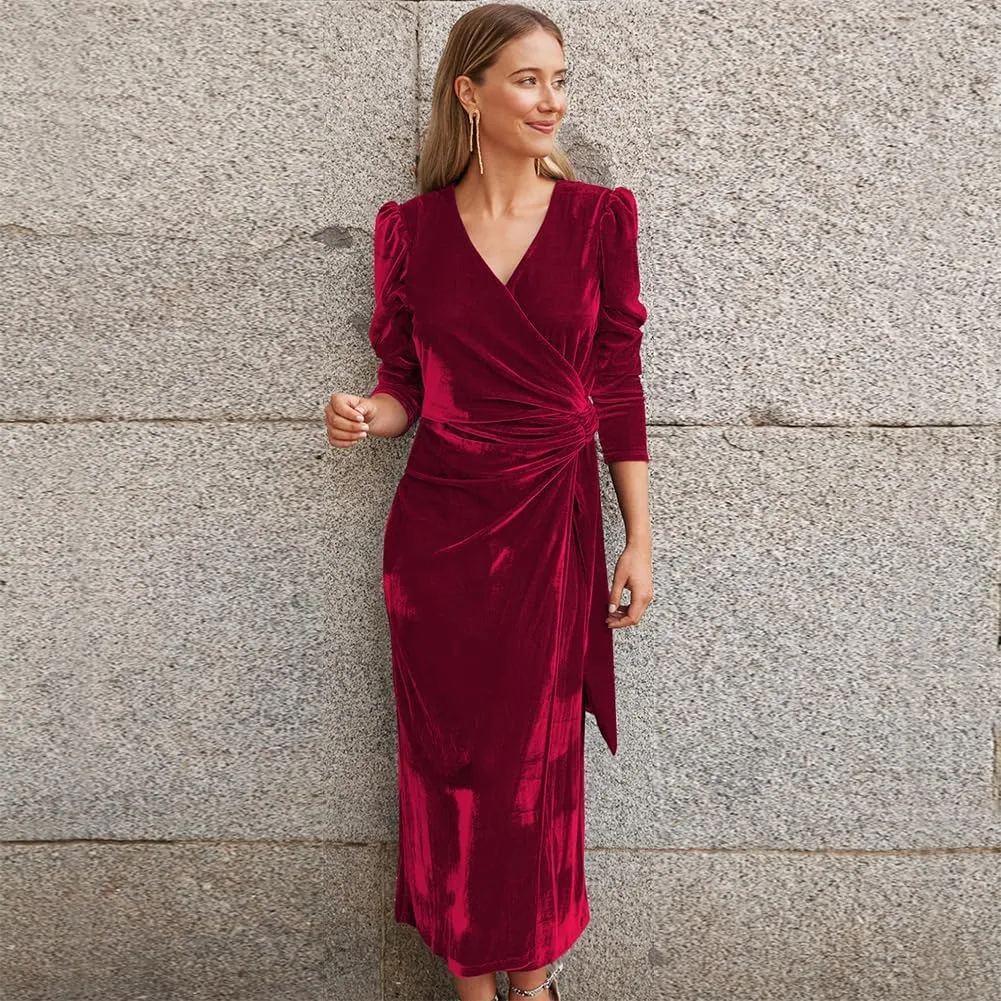 IBTOM CASTLE Women Velvet Dress Long Sleeve Ruched Bodycon Christmas Wedding Evening Cocktail Party Gown Fall Winter Clothes