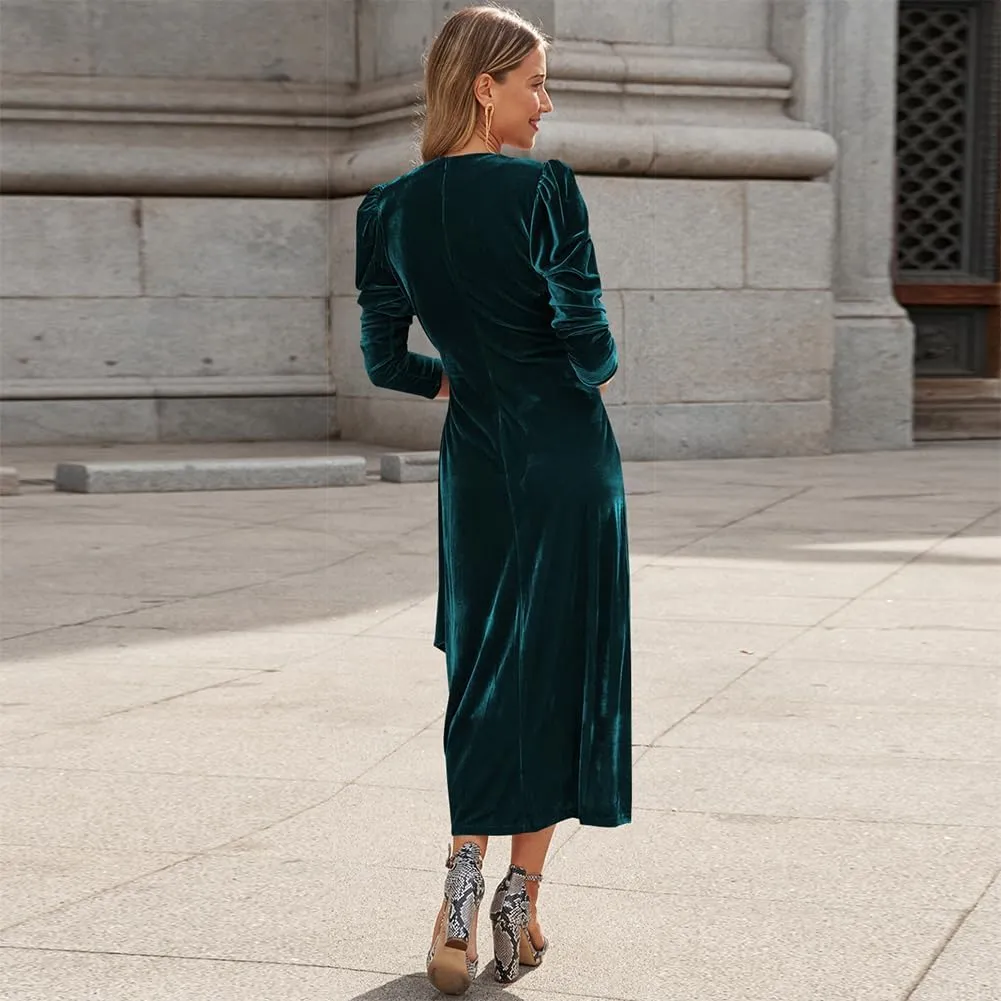 IBTOM CASTLE Women Velvet Dress Long Sleeve Ruched Bodycon Christmas Wedding Evening Cocktail Party Gown Fall Winter Clothes