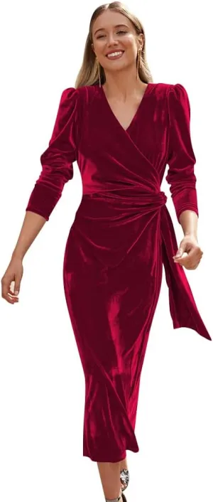IBTOM CASTLE Women Velvet Dress Long Sleeve Ruched Bodycon Christmas Wedding Evening Cocktail Party Gown Fall Winter Clothes