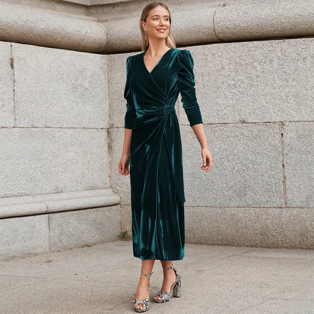 IBTOM CASTLE Women Velvet Dress Long Sleeve Ruched Bodycon Christmas Wedding Evening Cocktail Party Gown Fall Winter Clothes
