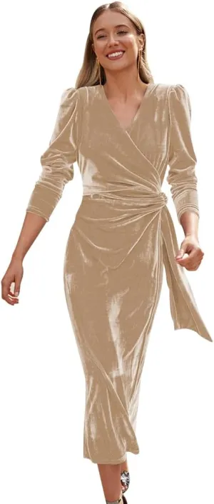 IBTOM CASTLE Women Velvet Dress Long Sleeve Ruched Bodycon Christmas Wedding Evening Cocktail Party Gown Fall Winter Clothes