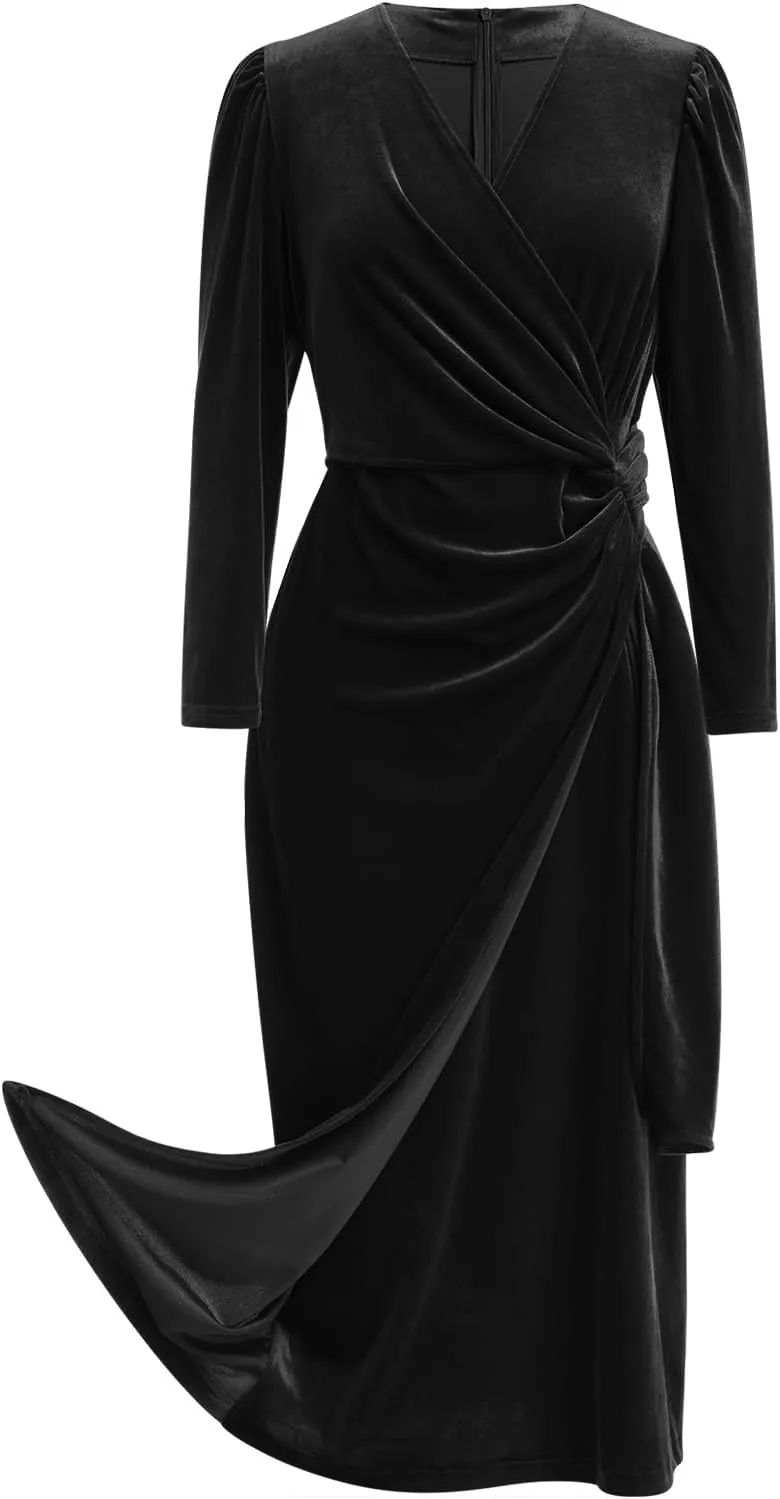 IBTOM CASTLE Women Velvet Dress Long Sleeve Ruched Bodycon Christmas Wedding Evening Cocktail Party Gown Fall Winter Clothes