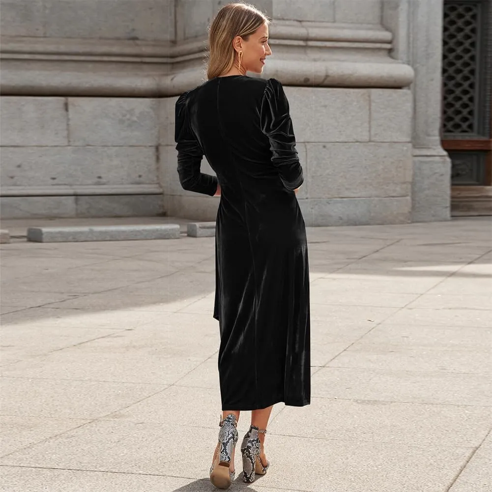 IBTOM CASTLE Women Velvet Dress Long Sleeve Ruched Bodycon Christmas Wedding Evening Cocktail Party Gown Fall Winter Clothes