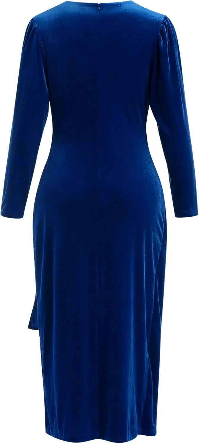 IBTOM CASTLE Women Velvet Dress Long Sleeve Ruched Bodycon Christmas Wedding Evening Cocktail Party Gown Fall Winter Clothes