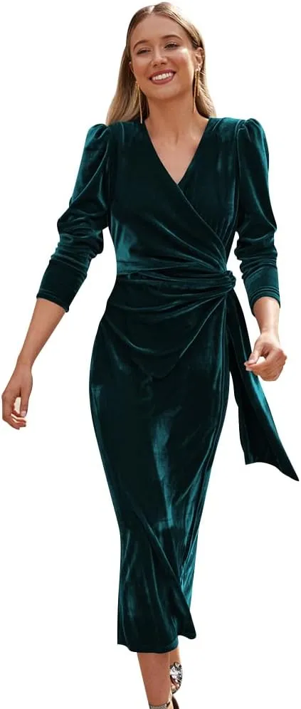 IBTOM CASTLE Women Velvet Dress Long Sleeve Ruched Bodycon Christmas Wedding Evening Cocktail Party Gown Fall Winter Clothes