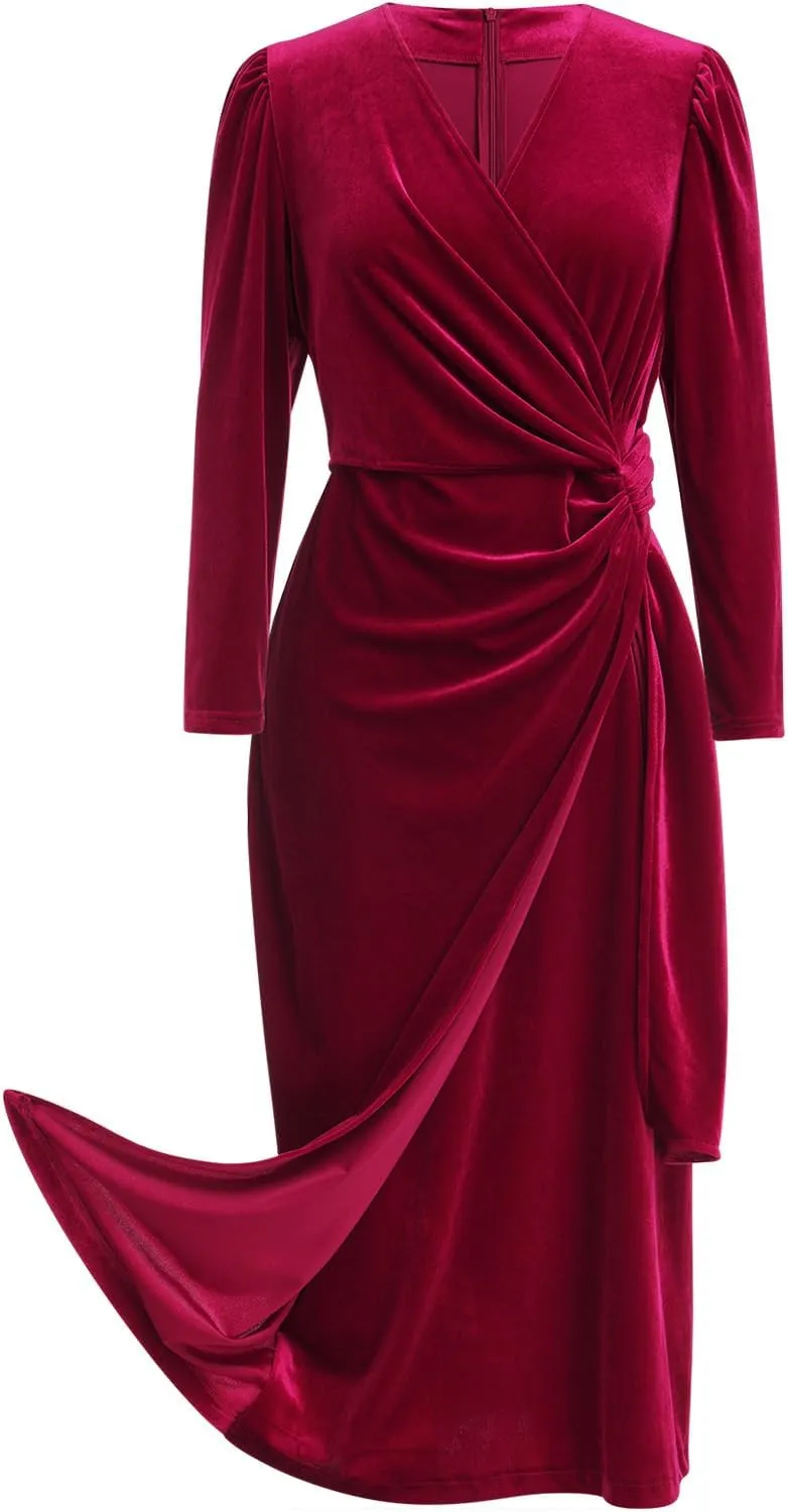 IBTOM CASTLE Women Velvet Dress Long Sleeve Ruched Bodycon Christmas Wedding Evening Cocktail Party Gown Fall Winter Clothes
