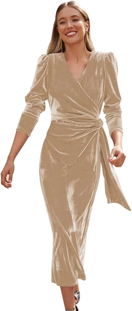 IBTOM CASTLE Women Velvet Dress Long Sleeve Ruched Bodycon Christmas Wedding Evening Cocktail Party Gown Fall Winter Clothes