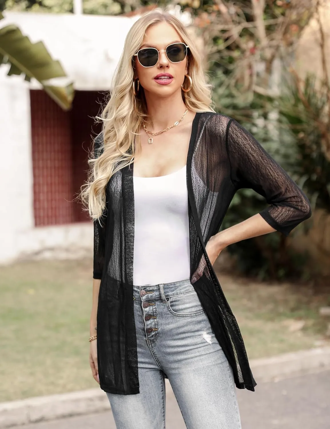 iClosam Women Casual 3/4 Sleeve Sheer Open Front Cardigan Sweater Kimono