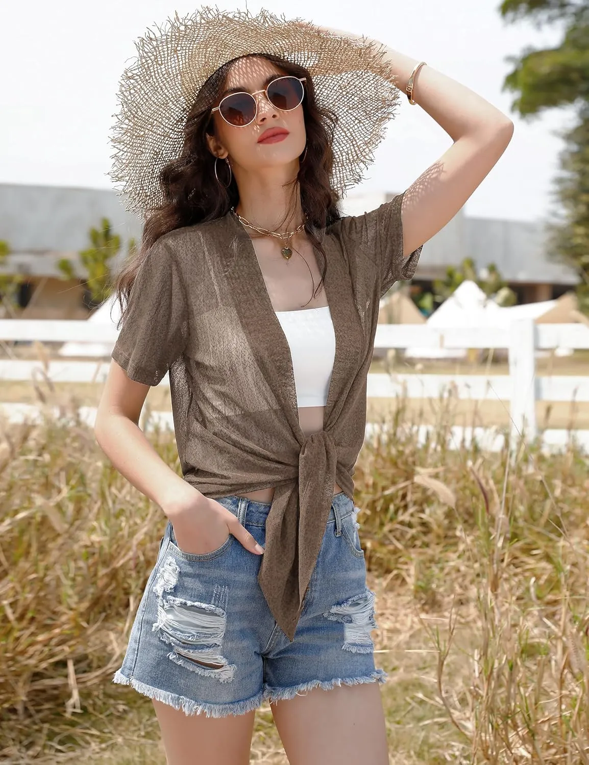 iClosam Womens Sheer Shrug Tie Front 3/4 Sleeve Cropped Bolero Cardigan