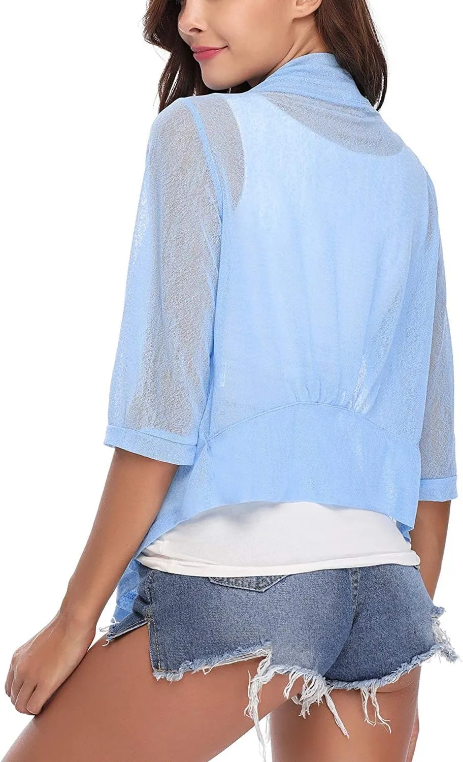 iClosam Womens Sheer Shrug Tie Front 3/4 Sleeve Cropped Bolero Cardigan