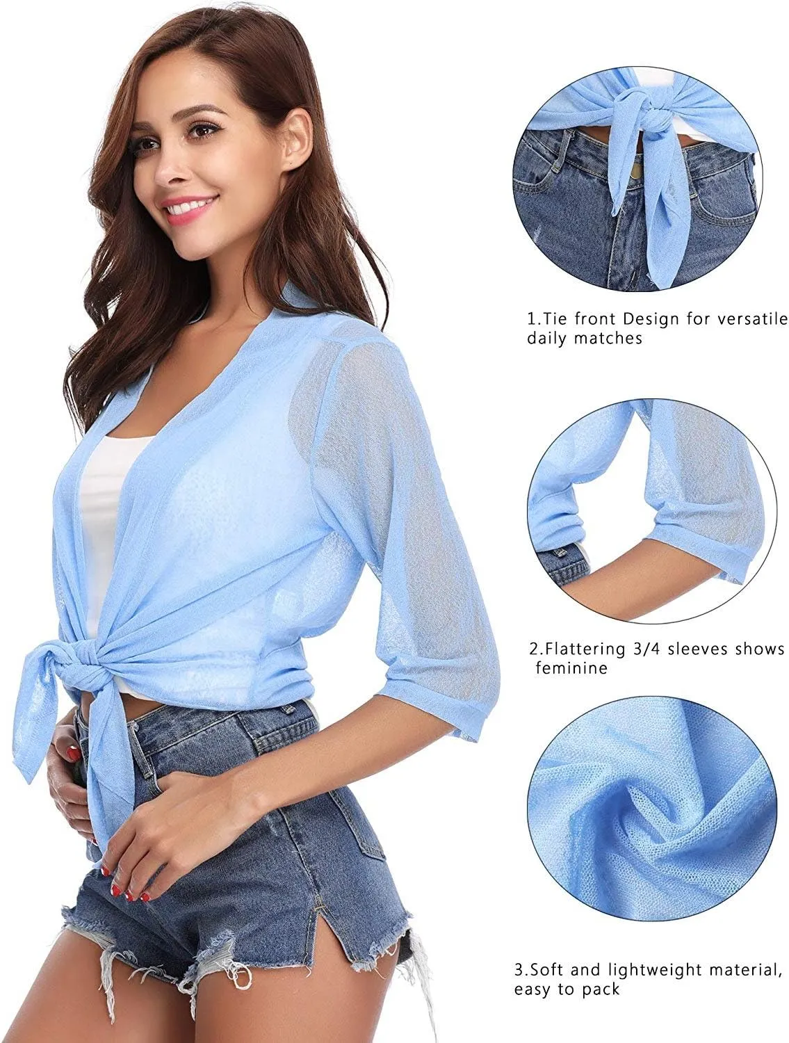 iClosam Womens Sheer Shrug Tie Front 3/4 Sleeve Cropped Bolero Cardigan