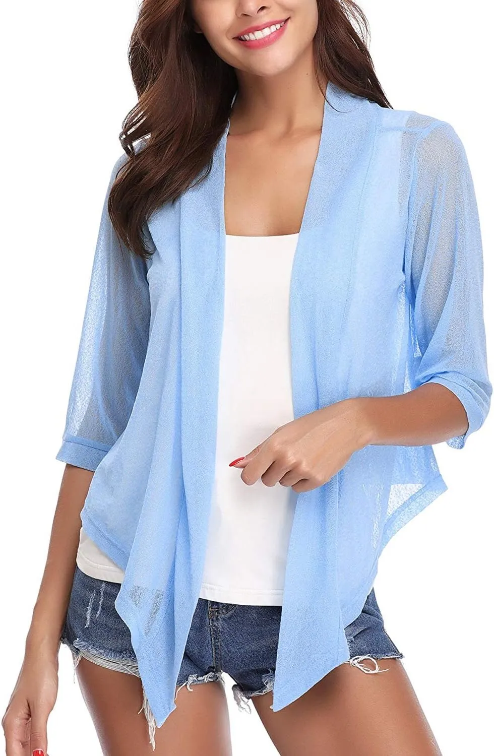 iClosam Womens Sheer Shrug Tie Front 3/4 Sleeve Cropped Bolero Cardigan