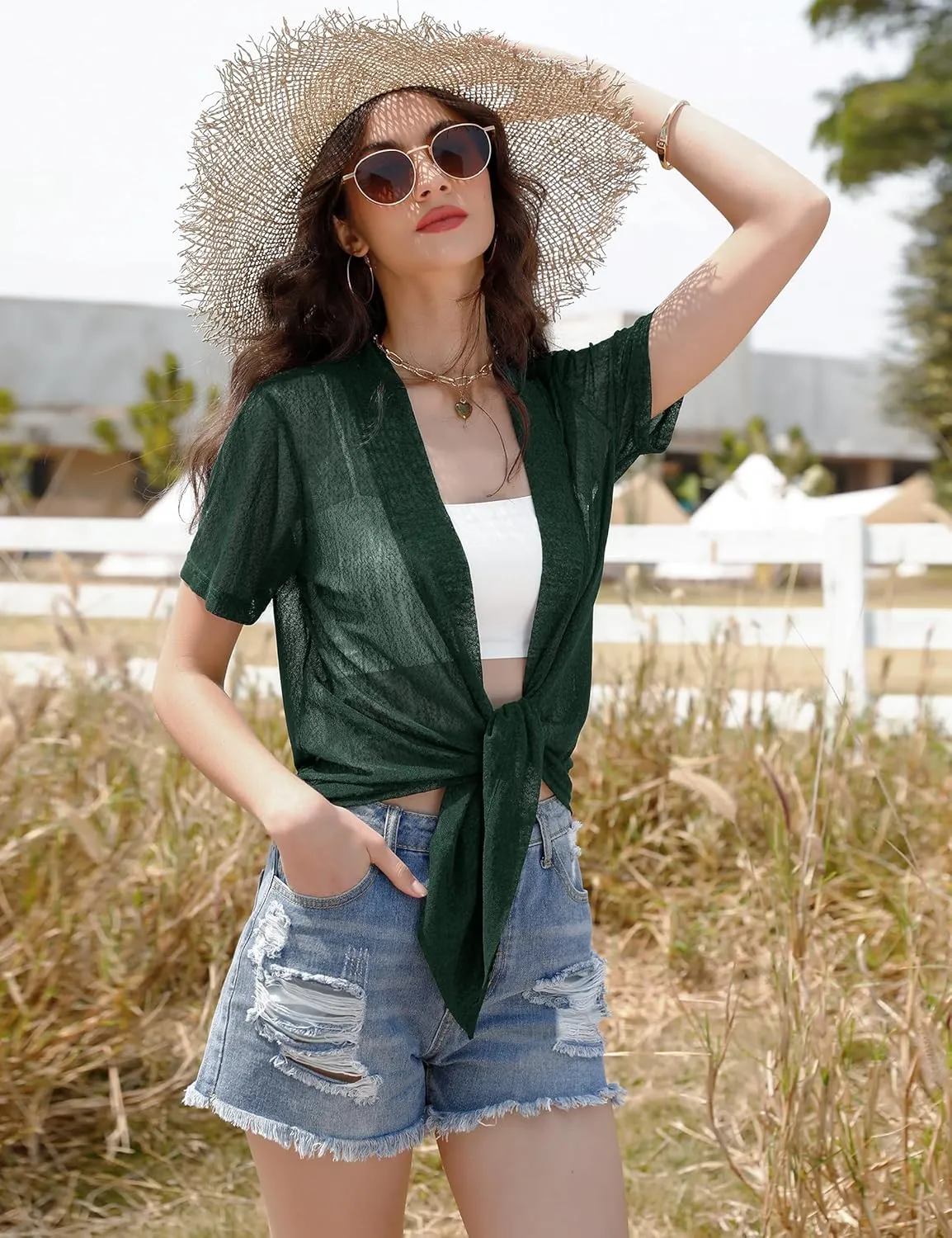 iClosam Womens Sheer Shrug Tie Front 3/4 Sleeve Cropped Bolero Cardigan