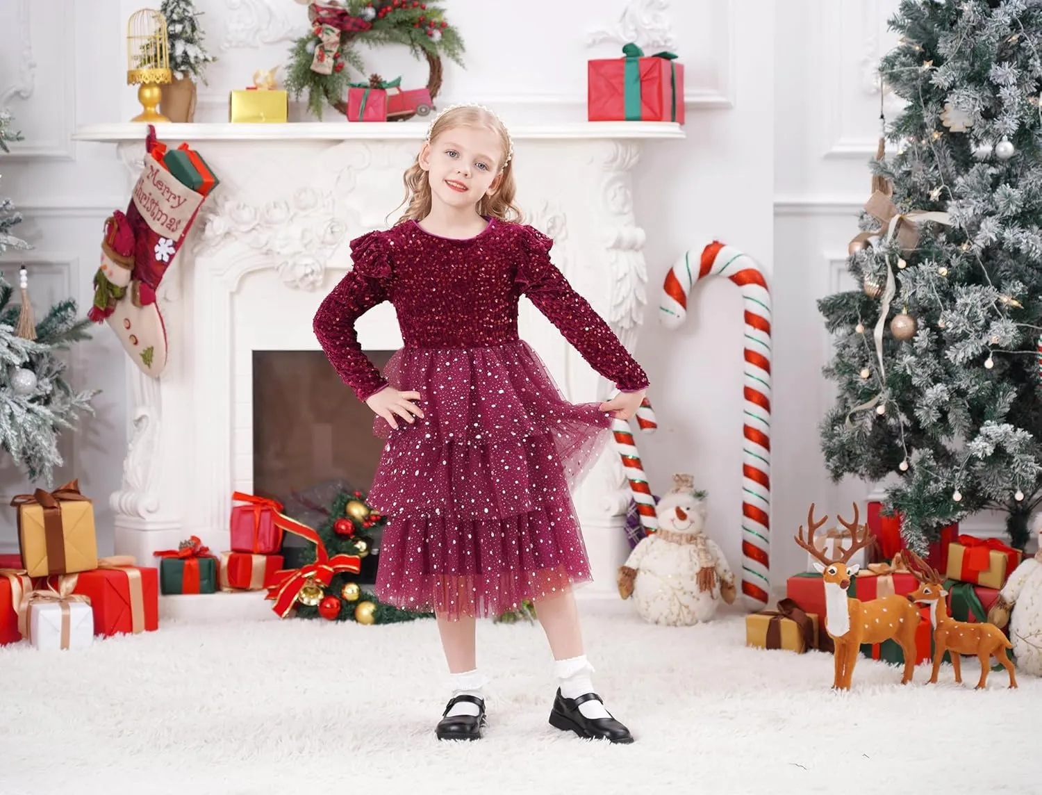 IDOPIP Toddler Girls Sequins Velvet Tutu Dress Glitter Christmas Tiered Mesh Dress Winter Long Sleeve Princess Pageant Dress