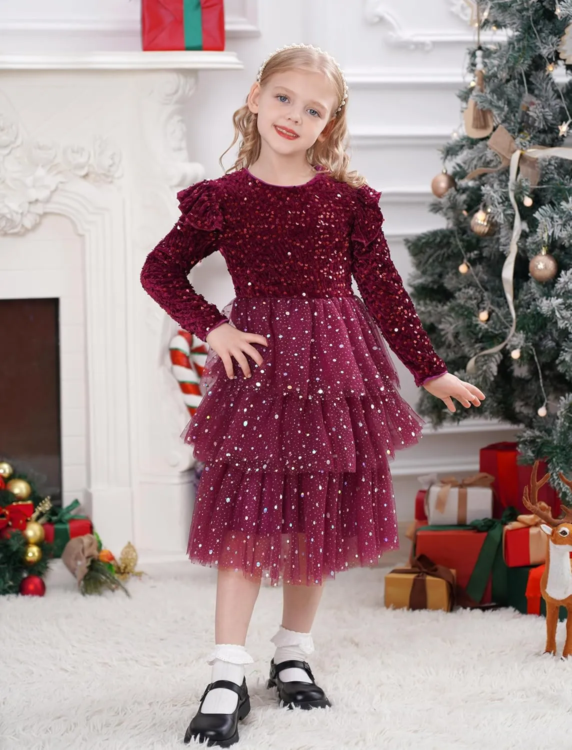 IDOPIP Toddler Girls Sequins Velvet Tutu Dress Glitter Christmas Tiered Mesh Dress Winter Long Sleeve Princess Pageant Dress