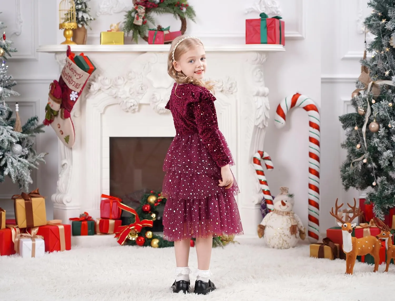 IDOPIP Toddler Girls Sequins Velvet Tutu Dress Glitter Christmas Tiered Mesh Dress Winter Long Sleeve Princess Pageant Dress