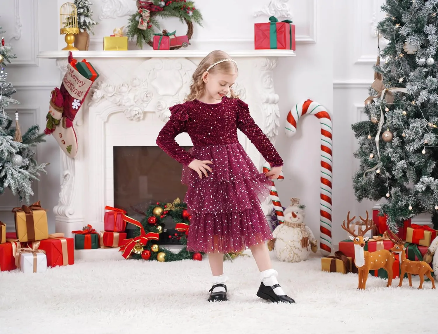 IDOPIP Toddler Girls Sequins Velvet Tutu Dress Glitter Christmas Tiered Mesh Dress Winter Long Sleeve Princess Pageant Dress