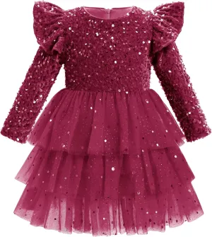 IDOPIP Toddler Girls Sequins Velvet Tutu Dress Glitter Christmas Tiered Mesh Dress Winter Long Sleeve Princess Pageant Dress