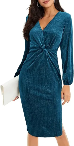 II ININ Women's Velvet Dress Long Sleeve Velvet Wrap Dress Fall Winter Bodycon Cocktail Party Wedding Guest Dresses