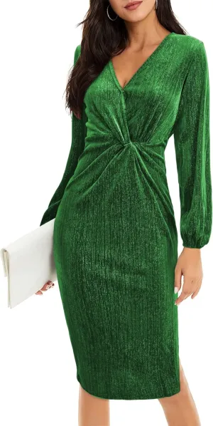 II ININ Women's Velvet Dress Long Sleeve Velvet Wrap Dress Fall Winter Bodycon Cocktail Party Wedding Guest Dresses