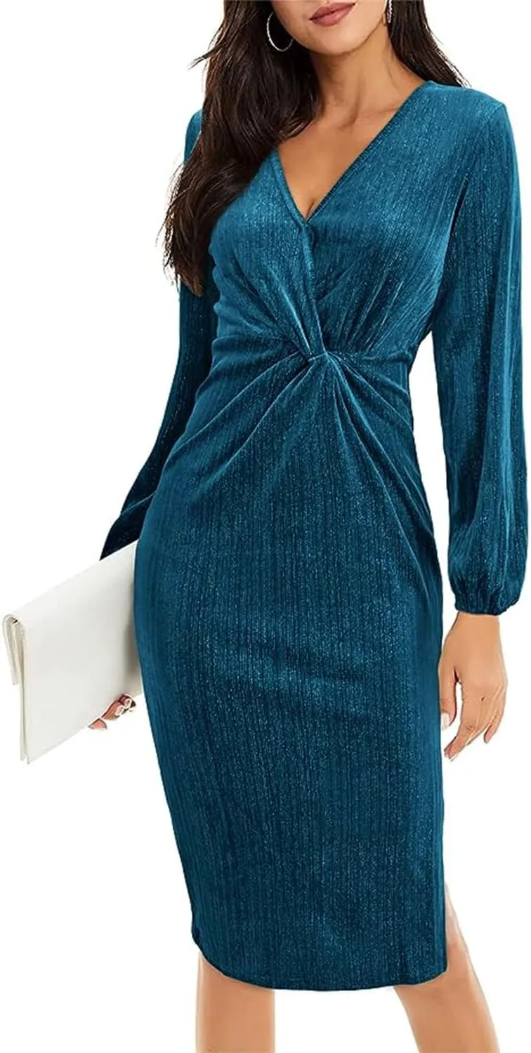 II ININ Women's Velvet Dress Long Sleeve Velvet Wrap Dress Fall Winter Bodycon Cocktail Party Wedding Guest Dresses