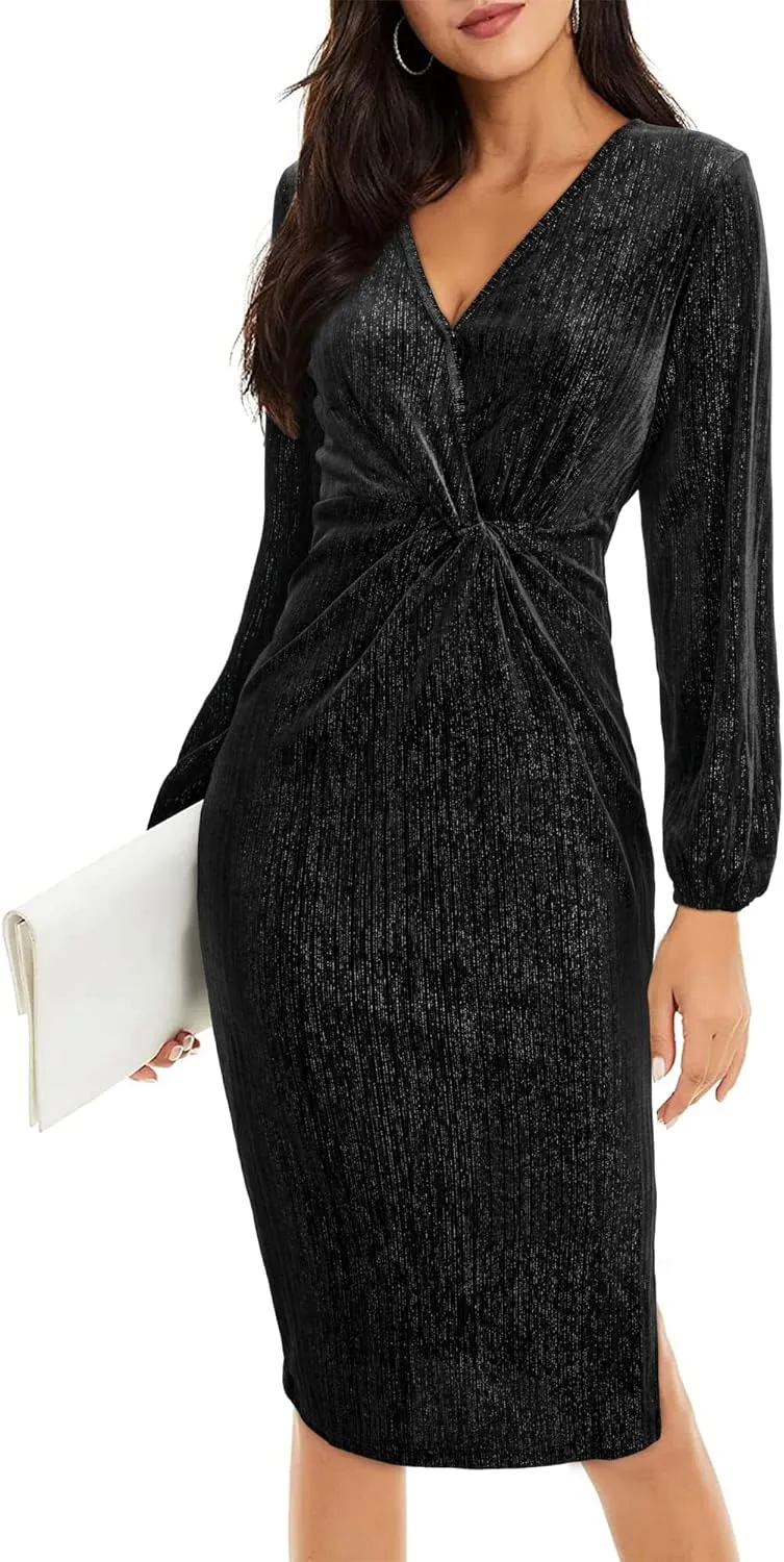 II ININ Women's Velvet Dress Long Sleeve Velvet Wrap Dress Fall Winter Bodycon Cocktail Party Wedding Guest Dresses