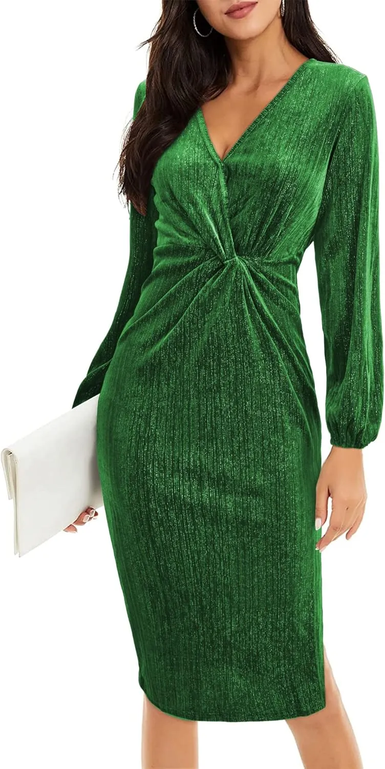 II ININ Women's Velvet Dress Long Sleeve Velvet Wrap Dress Fall Winter Bodycon Cocktail Party Wedding Guest Dresses