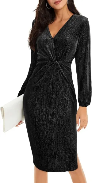 II ININ Women's Velvet Dress Long Sleeve Velvet Wrap Dress Fall Winter Bodycon Cocktail Party Wedding Guest Dresses