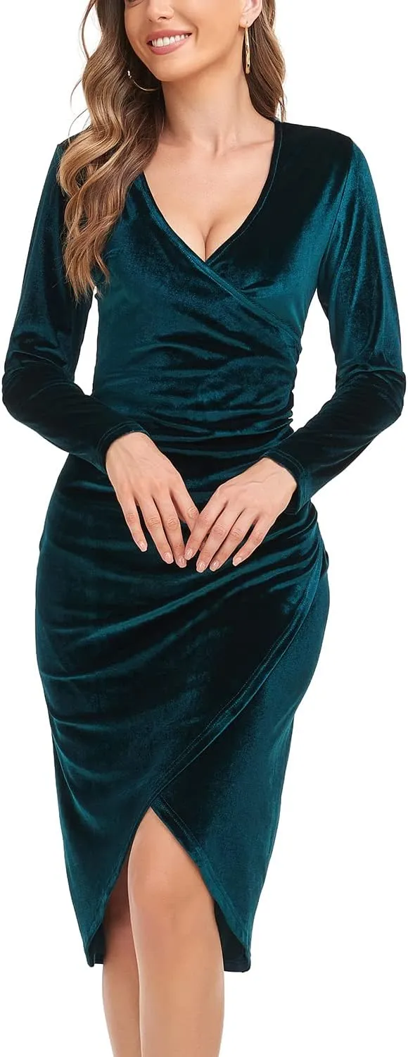 Jusfitsu Women's Sexy Velvet Long Sleeve Dress Wrap V Neck Ruched Bodycon Split Cocktail Party Midi Dress