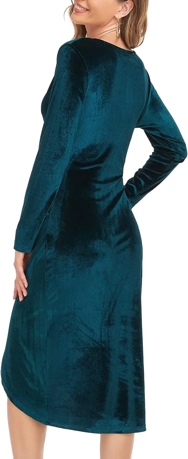 Jusfitsu Women's Sexy Velvet Long Sleeve Dress Wrap V Neck Ruched Bodycon Split Cocktail Party Midi Dress