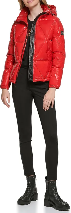 Karl Lagerfeld Paris Women's Glossy Rain Wear Short Puffer, Scarlet