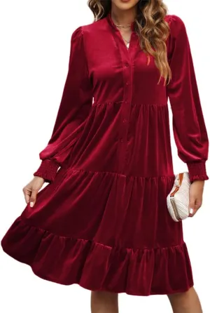 Kedera Women's Elegant Velvet Dress V Neck Tiered Babydoll Aline Flowy Formal Wedding Bridesmaid Dresses