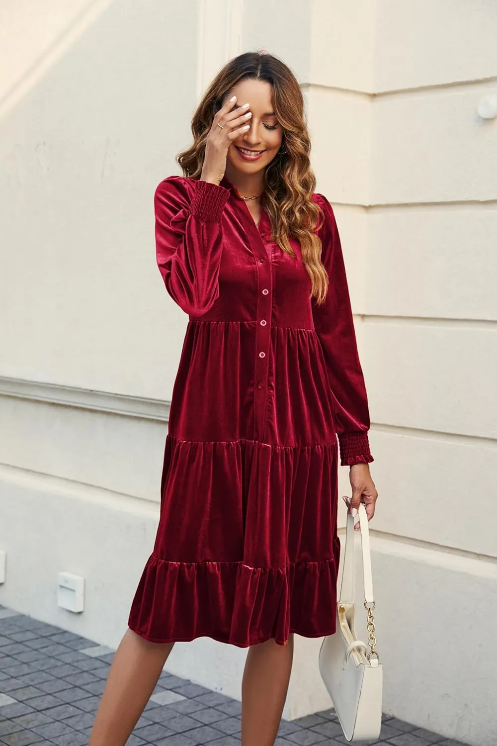 Kedera Women's Elegant Velvet Dress V Neck Tiered Babydoll Aline Flowy Formal Wedding Bridesmaid Dresses