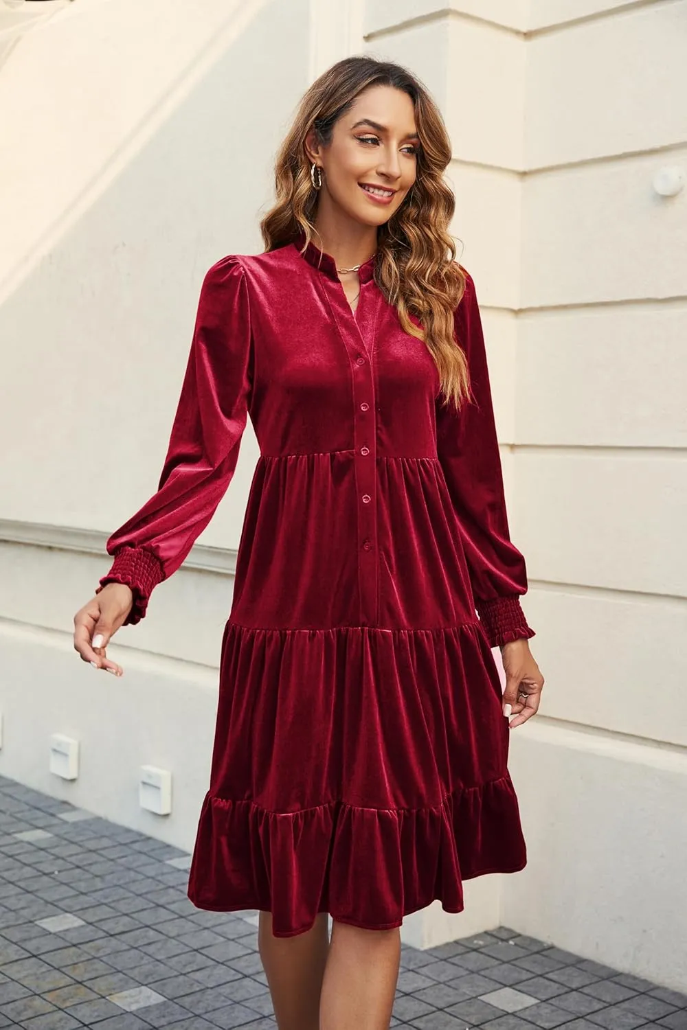 Kedera Women's Elegant Velvet Dress V Neck Tiered Babydoll Aline Flowy Formal Wedding Bridesmaid Dresses