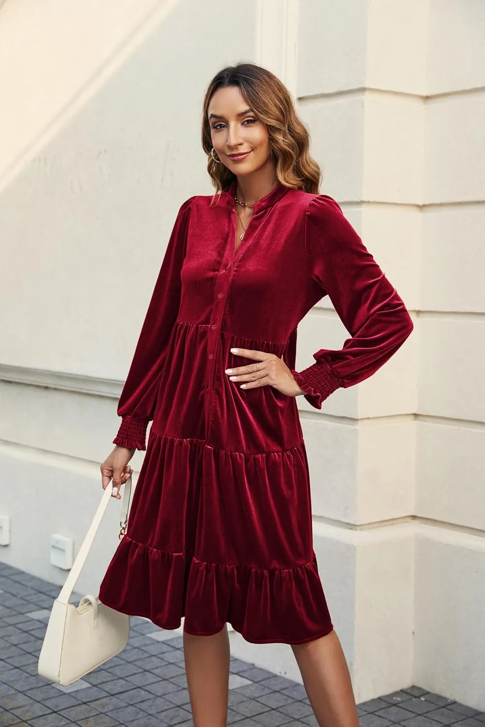 Kedera Women's Elegant Velvet Dress V Neck Tiered Babydoll Aline Flowy Formal Wedding Bridesmaid Dresses